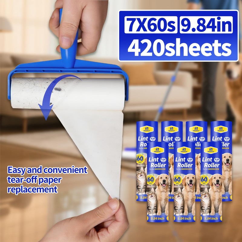9.84" Large Extra Sticky Lint Roller, 58.3" Long Handle Lint