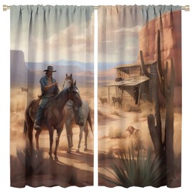 Western Cowboy Decor Curtain,Vintage Farmhouse Country Western Desert Cowboy Horse Cactus Home Decor Windows Rod Pocket Curtains for Office Bedroom Living Room Drapes 42x45 Inch