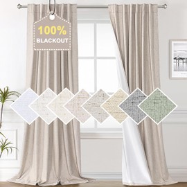 H.VERSAILTEX 100% Blackout Curtains 96 Inches Long Thermal Insulated Linen Blackout Curtains for Bedroom 96 Length, Boho Farmhouse Curtains & Drapes for Living Room - Natural, W52 x L96, 2 Panels