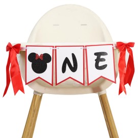 Minnie Mouse One High Chair Banner - Minnie Mouse First/1st Birthday Decorations,Black And Red Banner, Bow Girl 1st Pink Decor (mouse-2)