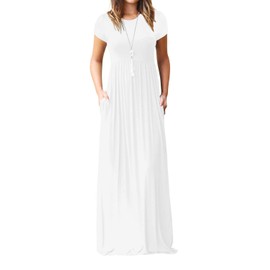 VIISHOW Women's Short Sleeve Loose Plain Maxi Dresses Casual Long Dresses with Pockets (White Large)