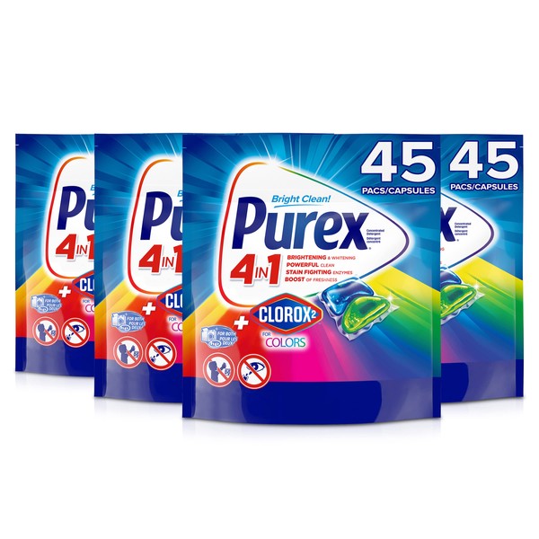 Purex 4-in-1 + Clorox2 Laundry Detergent Pacs, Original Fresh, 45 Count, Pack of 4, 180 Total Loads