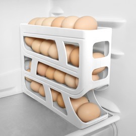 HOTUT Egg Container for Fridge, 4-Tier Automatic Egg Holder for 30 Eggs, Space-Saving Egg Dispenser with Slanted Design, Fridge Organiser for Kitchen, Egg Slats, White