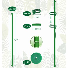 20Pcs Plant Stakes 17inch, Toylin Adjustable Length Plant Support Stake Green Orchid Stick with Clips for Indoor Outdoor,Garden Pole for Potted Orchid Tomato Vegetables Comes with 20 Ties
