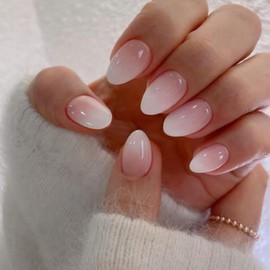 KQueenest Gradient Rosa Press On Uñas Ovaladas Cortas, Prensas de Uñas Acrílicas Francesas, Uñas Cortas de Almendra Pegadas, Uñas Postizas Redondas Om