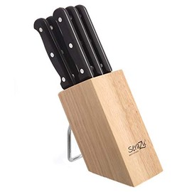 SeraZu - Juego de 6 Cuchillos Fileteros para Carne Filo Ondulado con Bloque de Madera, de Acero Inoxidable, Mango Negro con Triple Remache