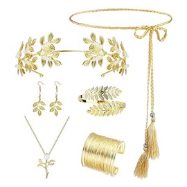 6 Pcs Grecian Goddess Costume Accessories Set for Women Golden Laurel,Greek Goddess Costume Accessories Set,Elegant Toga Outfit with Gold Laurel Crown, 2 Gold Leaf Bracelets, Pearl Earrings, and Olympic Rings Necklace for Women,Perfect for Themed Parties