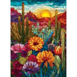500 Piece Puzzles for Adults, Stained Glass Desert Landscape Jigsaw Puzzle for Adult, Colorful Cactus and Mountain Scene Puzzles, Challenging Game Gift for Nature Lover, Home Decor 20.5 x 15 in