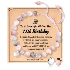COLANANA Birthday Gifts for 11 Year Old Girls, Pink White Pearl Bracelets Adjustable Number Bracelets with Birthday Card for Daughter Sister Friends Granddaughter Presents