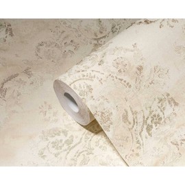 CONCORD WALLCOVERINGS ™ Sample, for Display Purpose only Textured Wallpaper Classical Fabric Ornaments, Beige Cream Gold Metallic, 10 in x 7 in, 387071