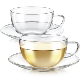Teabloom Kyoto Teacup and Saucer Set 2-Pack – Large Size – 12 OZ/ 350 ML Capacity – Crystal Clear Design –– Premium Borosilicate Glass – Heat Resistant, Microwave Safe – Glass Mug Set