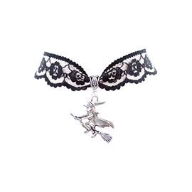 dunns-jewels Black Lace Choker Necklace with a Antique Silver 29x37mm Flying Witch