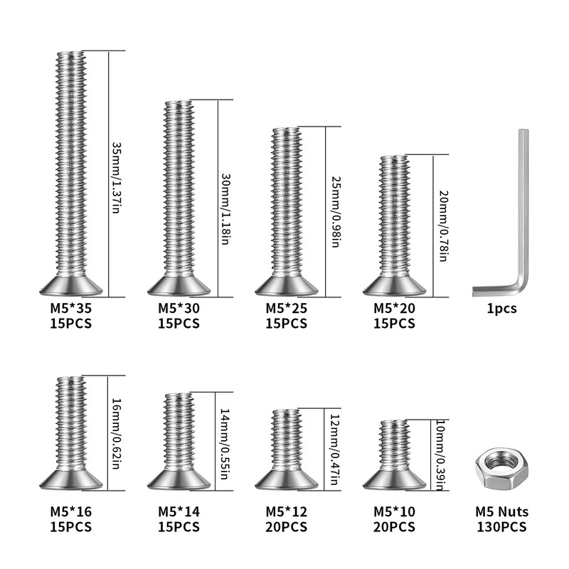 260 Pcs M5 Bolts & Nuts Set, Flat Head, Hex
