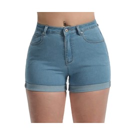 Laeyzuo Pantalones cortos elásticos de cintura alta para mujer con dobladillo foldead, Azul claro, M
