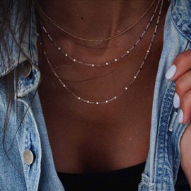 Aneneiceera Boho Multilayer Necklace Gold Satellite Chain Minimalist Charm Layered Wedding Necklace Fashion Jewellery Gift for Women and Girls, Metal Gold