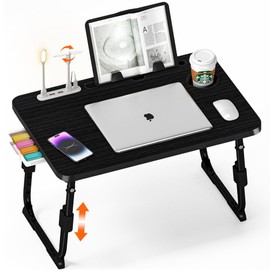 DECOSIS Laptop Desk for Bed Height Adjustable, Lap Bed Table with USB/Storage Drawer/Cup Holder/Tablet Stand/Book Shelf, Foldable Breakfast Tray Portable for Reading Writing, Sofa & Floor, Black