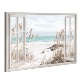 Beach Window Canvas Wall Art: Living Room Blue Ocean Scene Painting Coastal Seascape Picture Bedroom Modern Relaxing Sea Landscape Print Tropical Seaside Artwork Decor for Home Office