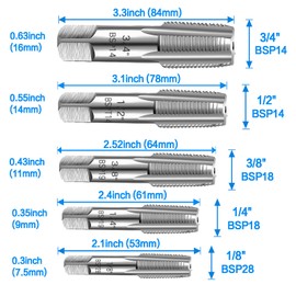 5 Piece BSP Pipe Tap Set, 1/8", 1/4", 3/8", 1/2", 3/4" 3/4" BSP Tap Set, Carbon Steel, Hand Tap Set for Accurate Threads, Various