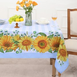 Romanstile Summer Tablecloth Rectangle, Sunflower Buffalo Plaid Decorative Table Cloths Stain Resistant Fabric Table Cover for Dinner/Party/Picnic/Indoor/Outdoor (Blue, 60 x 120 Inch)