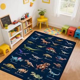 Dinosaur Rug, Educational Kids Play Mat with Alphabet & Dino Design, Soft Non-Slip Dinosaur Rugs for Boys Bedroom, ABC Alphabet Playroom Carpet for Toddler Nursery Kids Room Decor Mat 3x5 Feet
