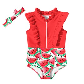 Kimoda Watermelon Swimsuit for Girl 3T 4T Ruffle Red Splicing One Piece Bathing Suit Cute Quick Dry Swimwear for Beach