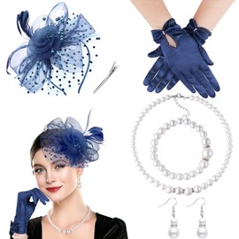 DRESHOW Fascinator Hats for Women Veil Mesh Tea Party Hat Feather Pillbox Hat and Gloves Pearl Jewellery Set for Cocktail 1920s Party Headpiece