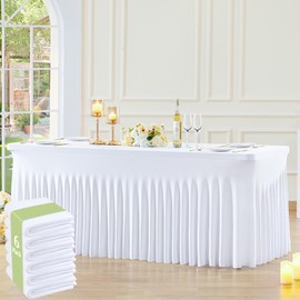 6 Pack White Table Cloth for 6 Foot Rectangle Tables Spandex Fitted Tablecloth 6ft Stretch Table Covers Skirt White Banquet Tablecloths Wrinkle Free Tablecloth for Party Wedding Birthday Event