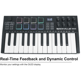 Rockville M25 BLACK 25 Key USB Wireless MIDI Keyboard Controller, Bluetooth, 8 Pads and Knobs, Joystick, Arpeggiator, Compact, for Music Production