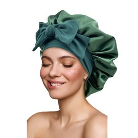 GiLi Satin Silk Hair Bonnet for Sleeping Large Bonnets with Tie Band Hair Wrap with Adjustable Straps Hair Cap Night Sleep Caps for Women Curly Braid Hair Hunter Green
