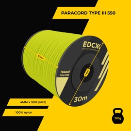EdcX 4mm Nylon Paracord 550 30m (100 feet) - Type III, 100% Nylon Rope, 7 Strand Rope, 4mm Nylon Rope in Solid Colors (Sofit Yellow, 30 m)