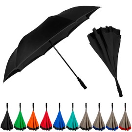 The Inversa Large 48" Reverse Self Standing Windproof Inverted Reversible Umbrella, Double Layer Canopy Lightweight Travel Umbrella For Women and Men, Portable Umbrella Reverse Close - Black