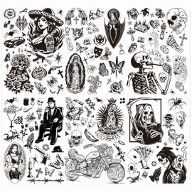 Cholo Tattoos Temporary for Adults, 8 Sheets 180+ Large Fake Tattoos, Chicana, Guadalupe, Gangster, Prisoner, Mexico, Chicano Party Decorations, Cholo Clothes, Tatuajes Temporales para Hombres D1