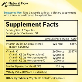 Vitamin D3 with K2 and K1 Supplement - Natural Flow Vitamin D3 and K Complex, D3 5000iu with Vitamin K2 MK4 + MK7 and K1 for Bone, Heart, and Immune Support - 60 Capsules