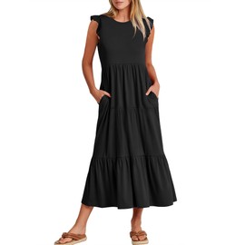 ANRABESS Women Summer Casual Ruffle Sleeveless Maxi Dress A-Line Flowy Tiered Beach Long Sundress with Pockets Black Small