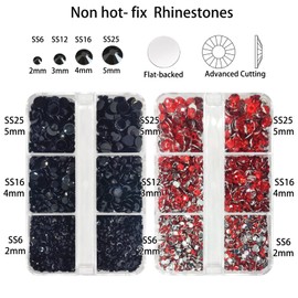 8000 Pieces Red & Black Non Hotfix Flat Back Gems Round Resin Rhinestones Kit 4 Mixed Sizes（2-5mm） with Picking Pen and Tweezer for Nails Crafts Makeup Eyes DIY Christmas Gift Clothes Phone Bottles