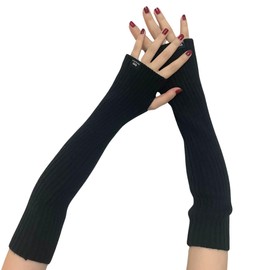 DUNKOING Womens Knitted Fingerless Arm Warmers Winter Half Finger Arm Sleeve Long Thumb Hole Gloves Mittens (Black)