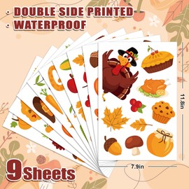 Whaline 9 Sheets Fall Thanksgiving Cartoon Window Cling Stickers Turkey Pumpkin Gnome Window Decals Give Thanks Reusable Decoration for Autumn Harvest Party Home Classroom