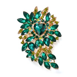 BriLove Fashion Large Statement Vintage Style Brooch, Women's Crystal Rhinestone Marquise Cluster Heart Shaped Leaf Brooch Pin for Wedding Party Prom Emerald Color Gold-Tone