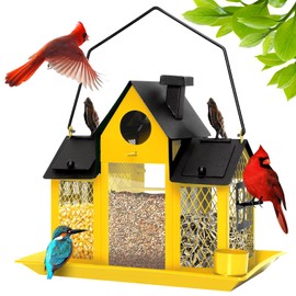 Solar Bird Feeders House for Outdoors Hanging, 7LBS Large Capacity Metal Wild Bird Feeder Squirrel Proof for Outside with Water Cup, Cardinal Birdfeeder Birdhouses Gift for Bird Lovers (Yellow)