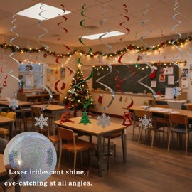 Chanseen 24 Pcs Christmas Hanging Swirls Party Decorations Plastic Snowflakes Spirals Streamers Reindeer Christmas Tree Bell Ceiling Decor for Xmas Office Classroom Home Decoration - Red Green Silver