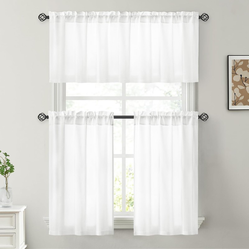 HOMEIDEAS Non-See-Through White Privacy Sheer Kitchen Curtains, 30 X 36