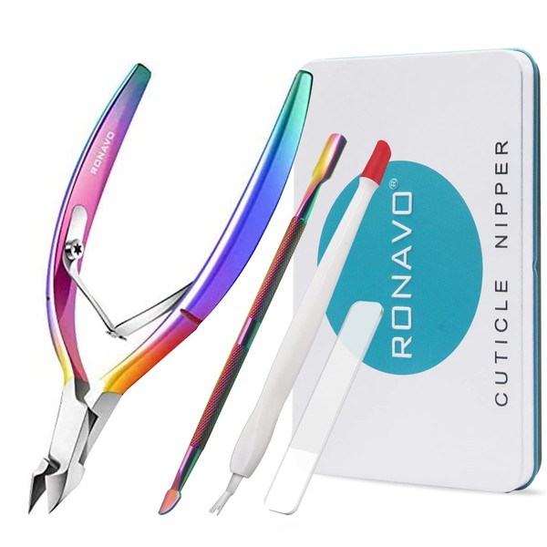 Cuticle Cutter with Cuticle Pusher - RONAVO Cuticle Trimmer Cuticle Nipper Professional Stainless Steel Cuticle Scissors Cutter Clippers Durable Pedicure Manicure Tools Cuticle Remover Tool