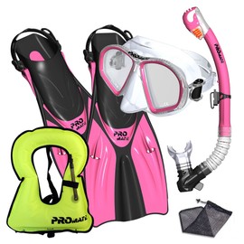 Snorkel Set Adult Fins Dive Mask Snorkeling Set Life Vest, Pink, SM