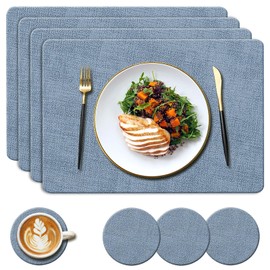 YUNJUER Washable Leather Place mats and Round Coasters Set, Heat Resistant 212 °F, Non-Slip and Waterproof, Easy to Clean for Kitchen, Restaurant, Hotel, Dining Room, 8 Pieces, 43x30cm, (Blue)