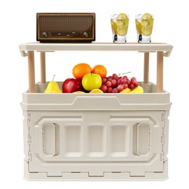 3-Tier PP Foldable Storage Bins Portable Folding Storage Box with Wooden Lid Elevatable Outdoor Collapsible Storage Crates Camping Folding Box Table Equipment for Camping Picnic 25.1Gallon (White)