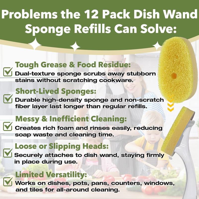 12 Pcs Dish Wand Sponge Refills – Compatible with Scrub