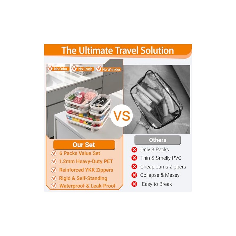 6 Pack Clear Hard Shell Zipper Cases - Ultimate Organizer