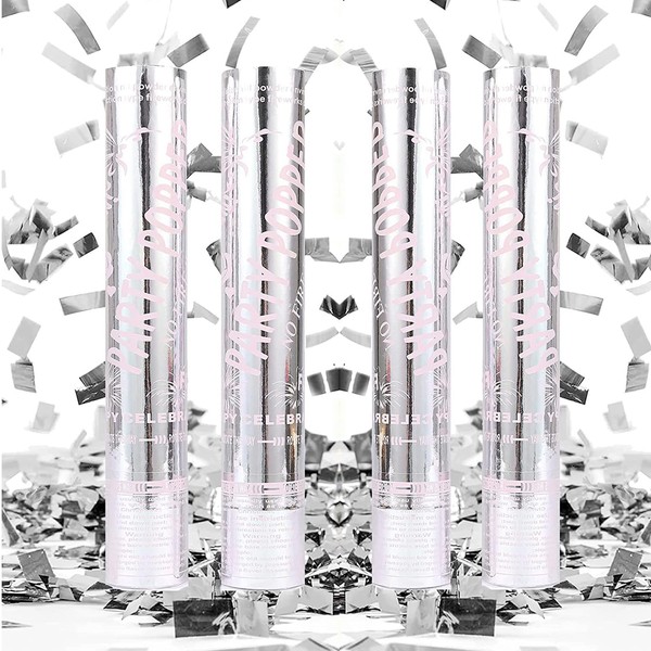 4 Pieces Silver Color Confetti Cannon Paper Poppers Parties Celebrate,Proposal,Wedding,Birthday,Graduation,Anniversary,Baby
