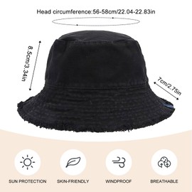SEFIRST Fishing Hats, Bucket Hat, Sun Hat, Cotton Frayed Brim Bucket Hat, Fishing Hat for Men and Women, UV Protection, Foldable Summer Hat, Leisure Hat, Autumn, Hiking, Camping, Travel (Black)