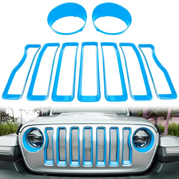 Bonbo Mesh Grille Grill Insert & Headlight Turn Light Cover Trim Exterior Accessories for Jeep Wrangler JL Sport/Sports 2018 2019 2020 2021 2022 (Baby Blue)